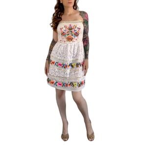 Boston Proper Mexican Floral Embroidered Beaded Crochet Lace Strapless Dress 4
